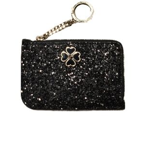 Kate Spade Glitter Clover Card Holder – Black & Silver – Gold Keychain Wallet